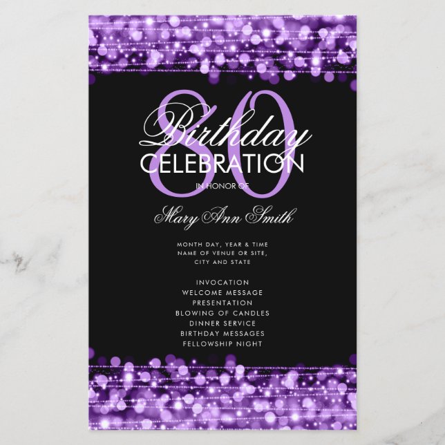 Elegant 80th Birthday Party Program Purple Menu (Front)
