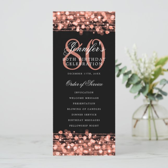 Elegant 80th Birthday Party Program Rose Gold Menu (Standing Front)