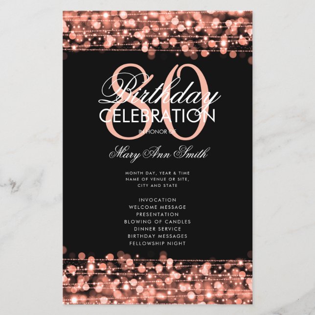 Elegant 80th Birthday Party Program Rose Gold Menu (Front)
