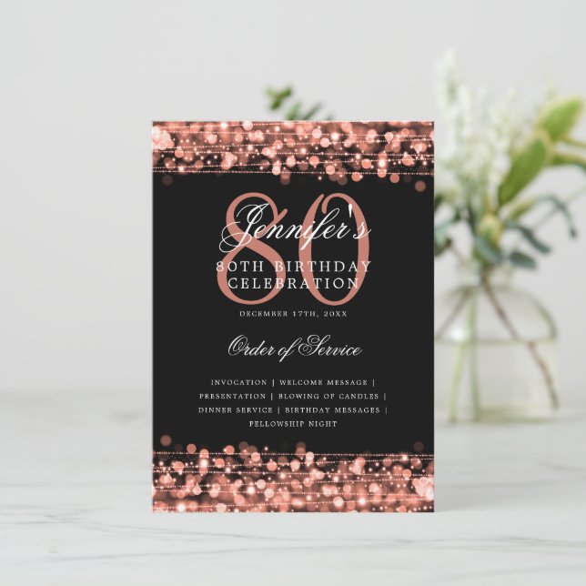 Elegant 80th Birthday Party Program Rose Gold Menu (Standing Front)