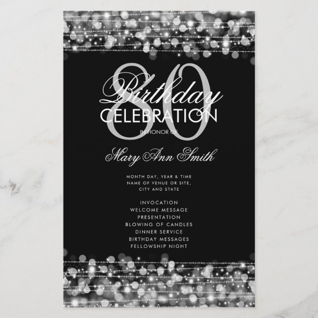 Elegant 80th Birthday Party Program Silver Menu Flyer (Front)