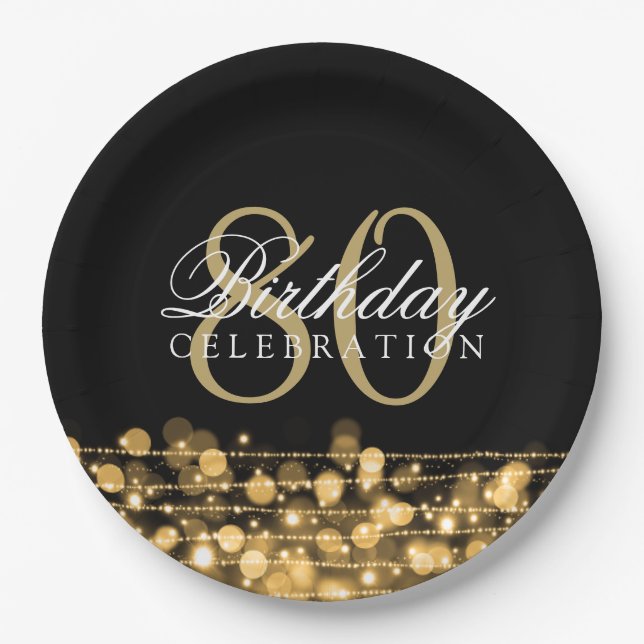 Elegant 80th Birthday Party Sparkles Gold Paper Plates (Front)