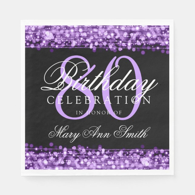 Elegant 80th Birthday Party Sparkles Purple Napkins (Front)