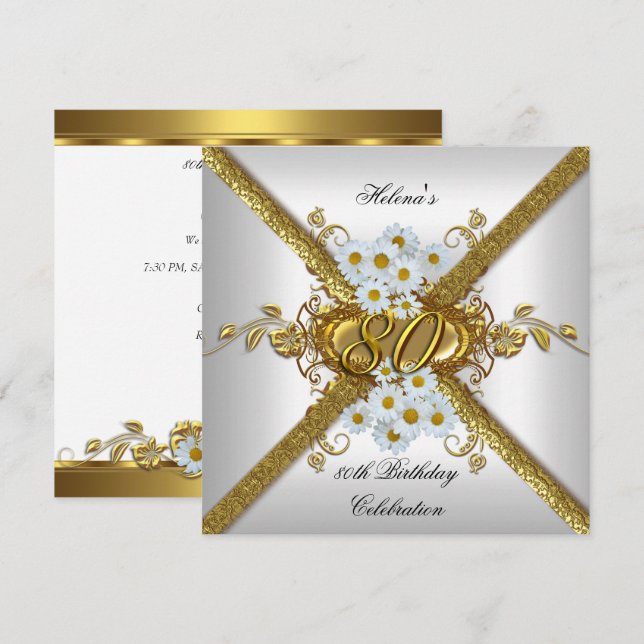 Elegant 80th Birthday Party White Daisy Gold Invitation (Front/Back)