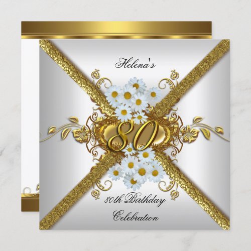 Elegant 80th Birthday Party White Daisy Gold Invitation