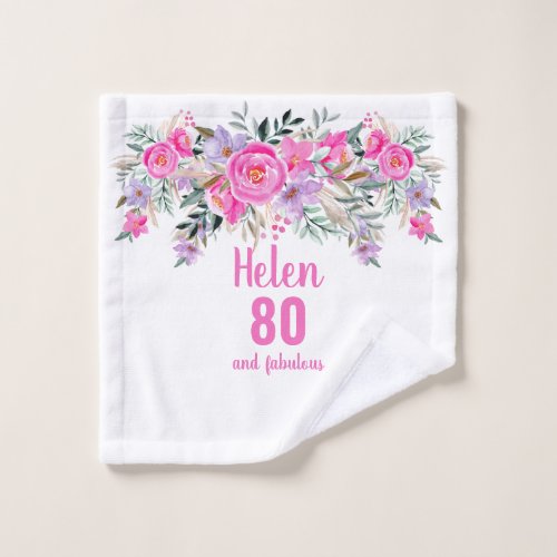 Elegant 80th birthday pink floral  fleece blanket wash cloth