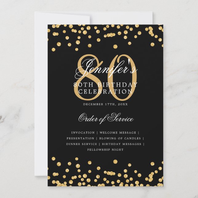 Elegant 80th Birthday Program Menu Gold Black (Front)