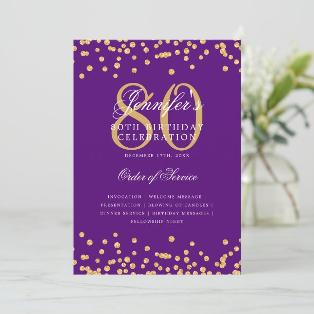 Elegant 80th Birthday Program Menu Gold Purple  (Standing Front)