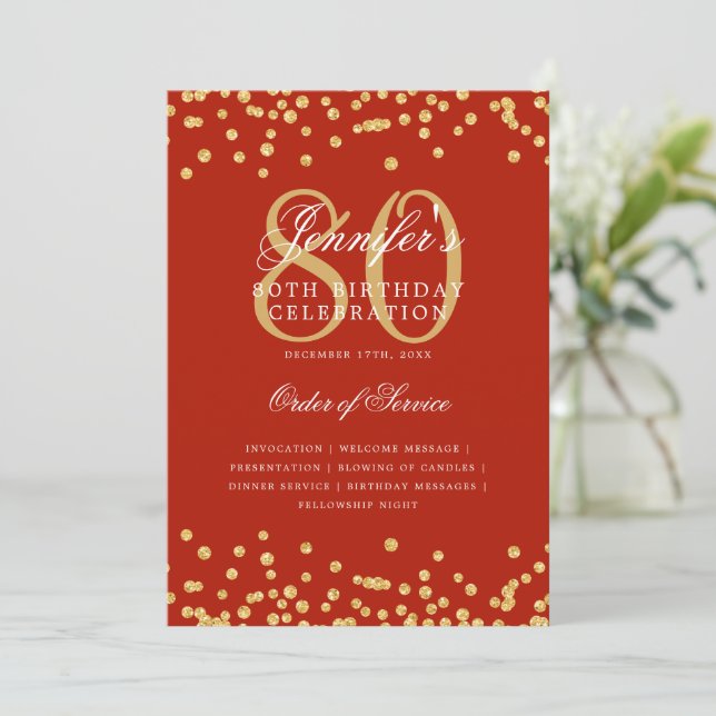Elegant 80th Birthday Program Menu Gold Red  (Standing Front)