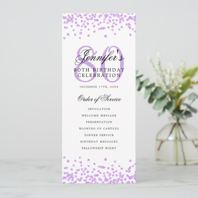 Elegant 80th Birthday Program Menu Purple  (Standing Front)