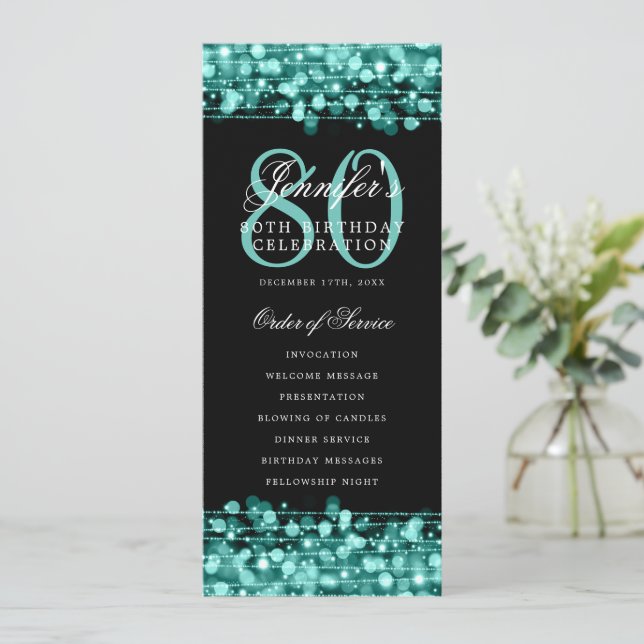 Elegant 80th Birthday Program Turquoise Thank You (Standing Front)