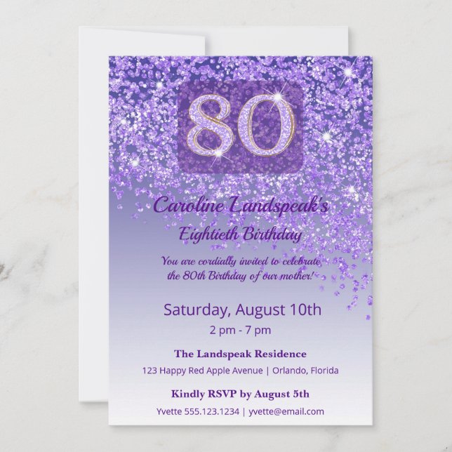 Elegant 80th Birthday Purple Glitter  Invitation (Front)