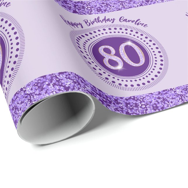 Elegant 80th Birthday Purple Glitter with Stripes Wrapping Paper (Roll Corner)
