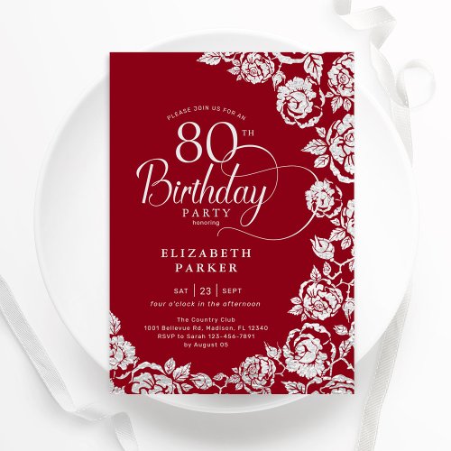 Elegant 80th Birthday Red Silver Roses