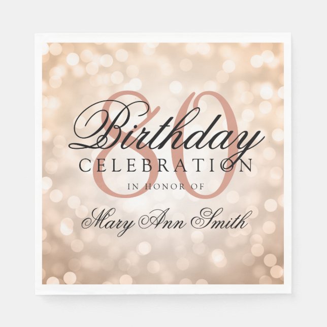 Elegant 80th Birthday Rose Gold Glitter Lights Napkins (Front)