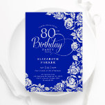 Elegant 80th Birthday Royal Blue Silver Roses Invitation<br><div class="desc">Royal blue silver floral 80th birthday party invitation. Elegant design featuring roses,  faux silver foil and typography script font. Trendy invite card perfect for a stylish female bday celebration. Can be customized to any age. Personalize with your own details. Printed Zazzle invitations or instant download digital printable template.</div>
