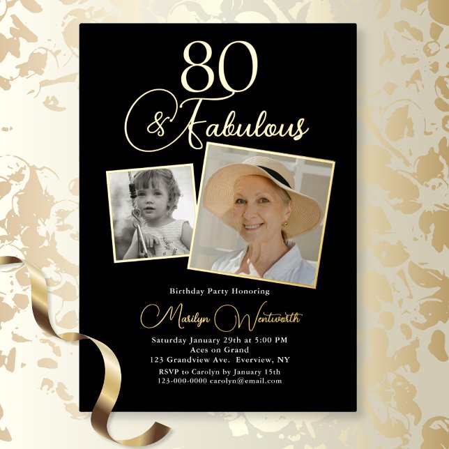 Elegant 80th Birthday Script Photo Foil Invitation (Gold Foil )