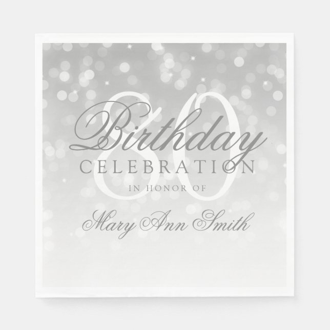 Elegant 80th Birthday Silver Bokeh Sparkle Lights Napkins (Front)