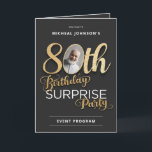 Elegant 80th Birthday Surprise Party Program<br><div class="desc">Elegant 80th Birthday Surprise Party Program. A sleek design with clear, easy-to-read text, ensuring that all the important details are conveyed effortlessly. The addition of faux foil accents in dazzling gold against a backdrop of black creates a striking visual effect, adding a touch of luxury to the overall look. With...</div>