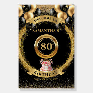 Elegant 80th Birthday Welcome Sign Gold Glitter