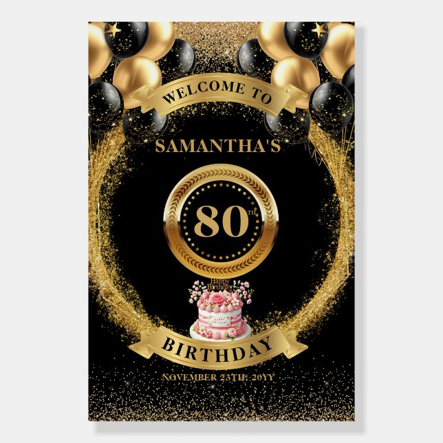 Elegant 80th Birthday Welcome Sign Gold Glitter (Front)