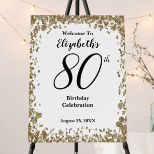 Elegant 80th Birthday Welcome Sign Gold Sequins