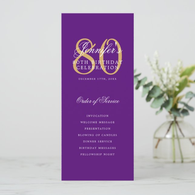 Elegant 80th Program Gold Purple Menu+Thank You (Standing Front)