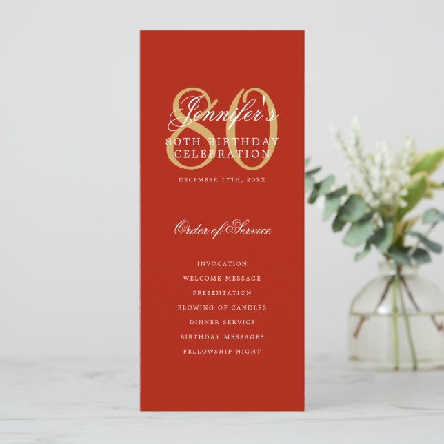 Elegant 80th Program Gold Red Menu+Thank You (Standing Front)