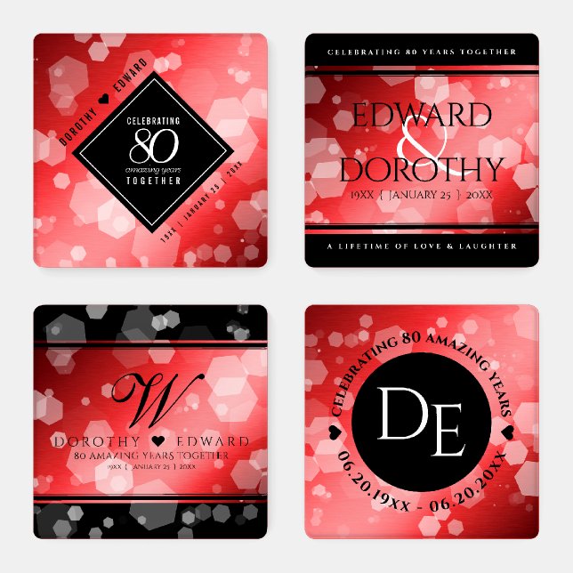 Elegant 80th Ruby Wedding Anniversary Celebration Coaster Set (Set)
