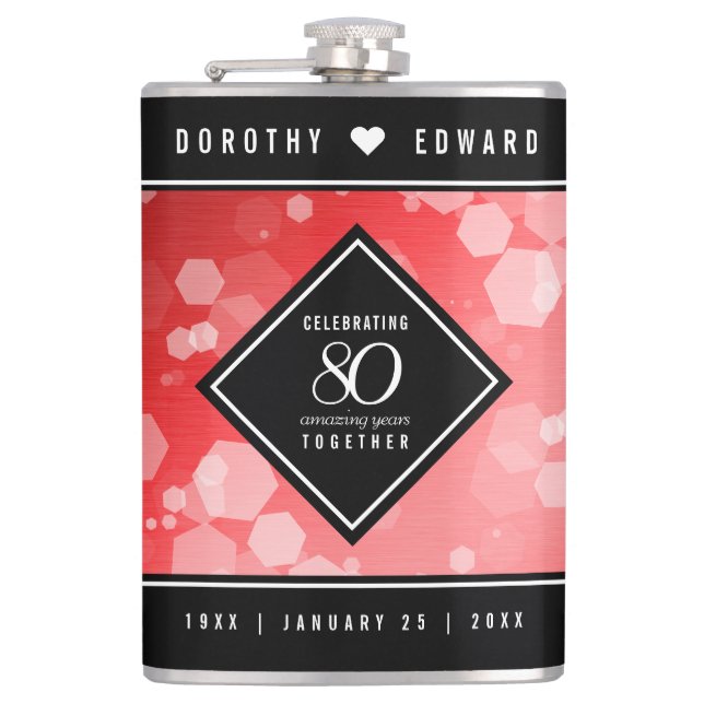 Elegant 80th Ruby Wedding Anniversary Celebration Flask (Front)