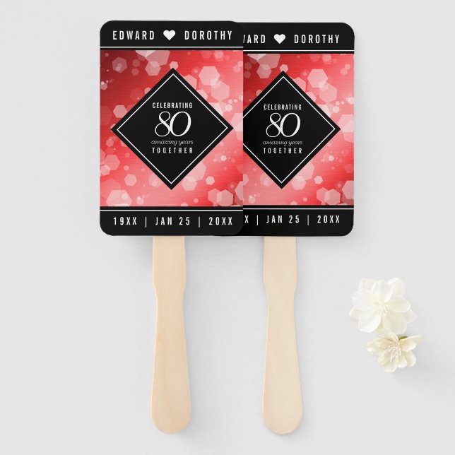 Elegant 80th Ruby Wedding Anniversary Celebration Hand Fan (Front and Back)