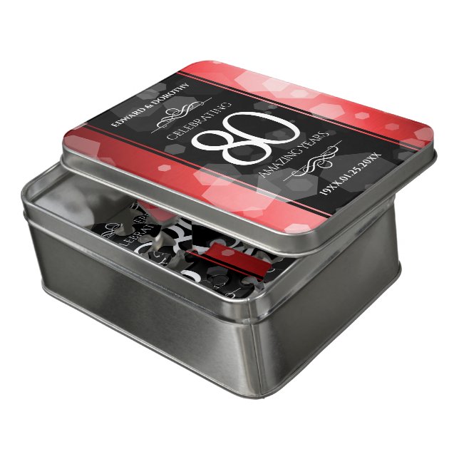 Elegant 80th Ruby Wedding Anniversary Celebration Jigsaw Puzzle (Lid Open)