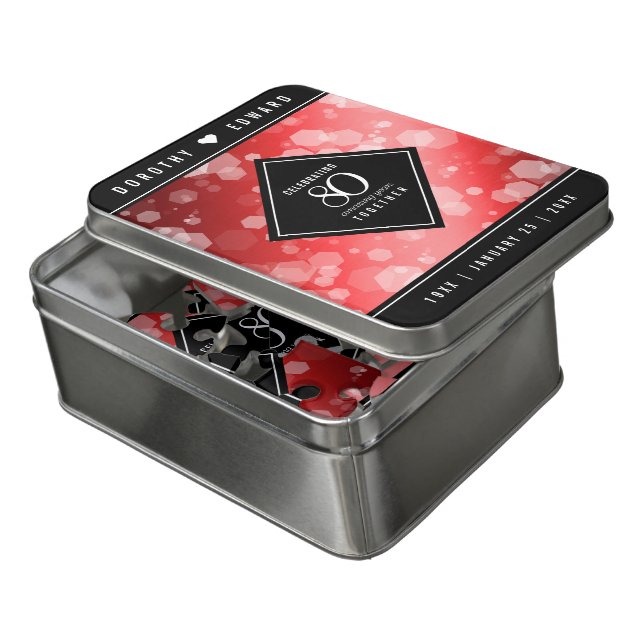 Elegant 80th Ruby Wedding Anniversary Celebration Jigsaw Puzzle (Lid Open)