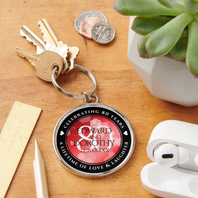 Elegant 80th Ruby Wedding Anniversary Celebration Keychain (Desk)