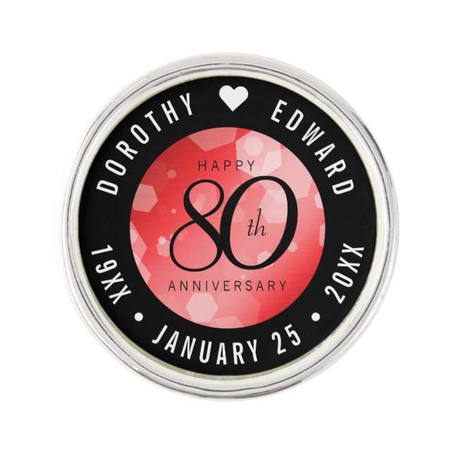 Elegant 80th Ruby Wedding Anniversary Celebration Lapel Pin (Front)
