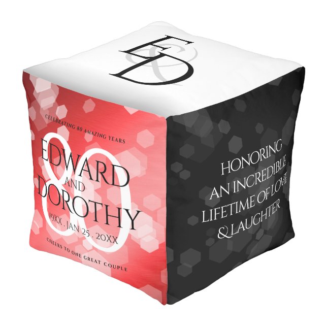 Elegant 80th Ruby Wedding Anniversary Celebration Pouf (Angled Front)