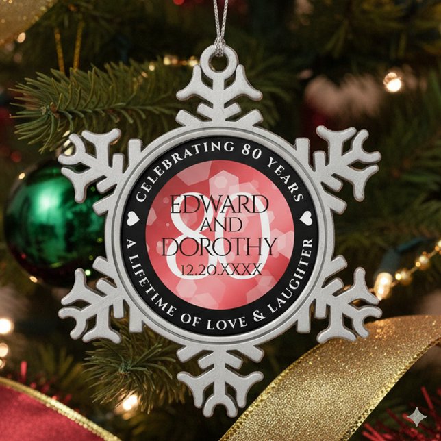 Elegant 80th Ruby Wedding Anniversary Celebration Snowflake Pewter Christmas Ornament (80th Ruby Wedding Anniversary Snowflake Pewter Ornament Cover Photo)