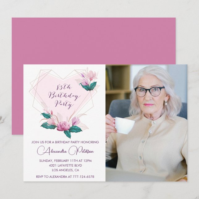 Elegant 85th birthday invitations Floral Photo (Front/Back)