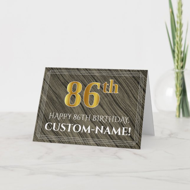 Elegant 86th Birthday: Faux Wood, Faux Gold Look Card (Front)