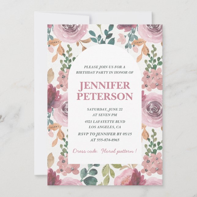 Elegant 86th birthday invitations Floral Boho Pink (Front)