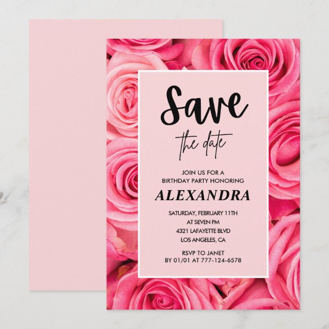 Elegant 86th birthday Pink Rose Save the date Invitation (Front/Back)