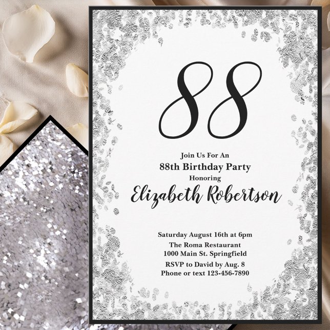 Elegant 88th Birthday Invitation For Her in Silver (Creator Uploaded)