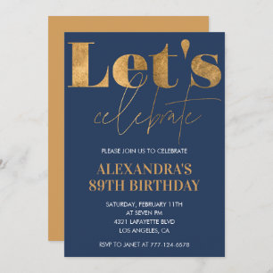 Elegant 89th birthday invitations Navy Blue Gold
