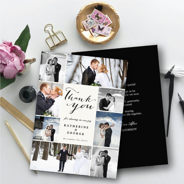 Elegant 8-Photo Wedding Collage with Script Text Thank You Card (Modern Classy Script 8 Multi Photo Collage Stylish Wedding Thank You Card @ fatfatin_blue_knot)