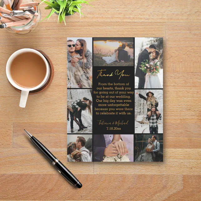 elegant 8 photos collage black golden wedding thank you card | Zazzle