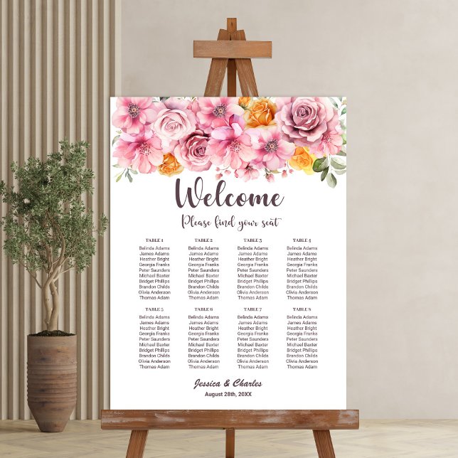 Elegant 8 Table Pink Floral Wedding Seating Chart Foam Board (Creator Uploaded)