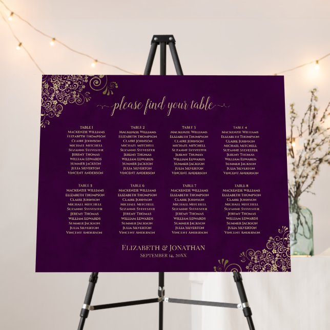 Elegant 8 Table Plum Purple & Gold Seating Chart Foam Board (In Situ (Stand))