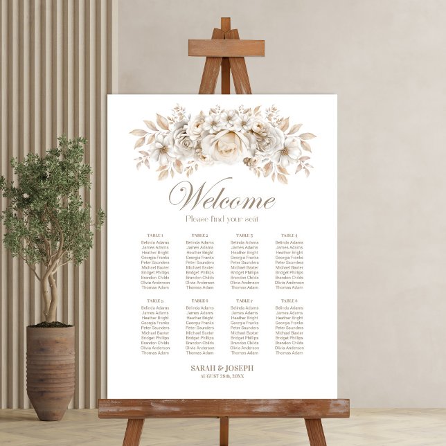 Elegant 8 Table White Floral Wedding Seating Chart Foam Board (Creator Uploaded)