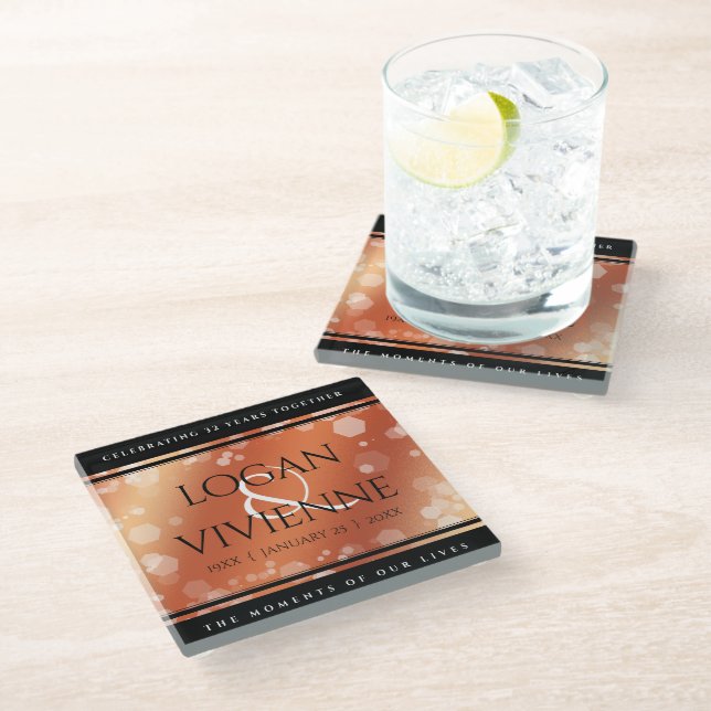 Elegant 8th 32nd Bronze Wedding Anniversary Glass Coaster (Angled)