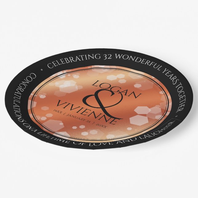 Elegant 8th 32nd Bronze Wedding Anniversary Paper Plates (Angled)